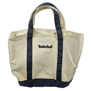 Timberland Canvas Handbag Beach Tote Tan w/ Stitched Blue Logo 12x15x5"